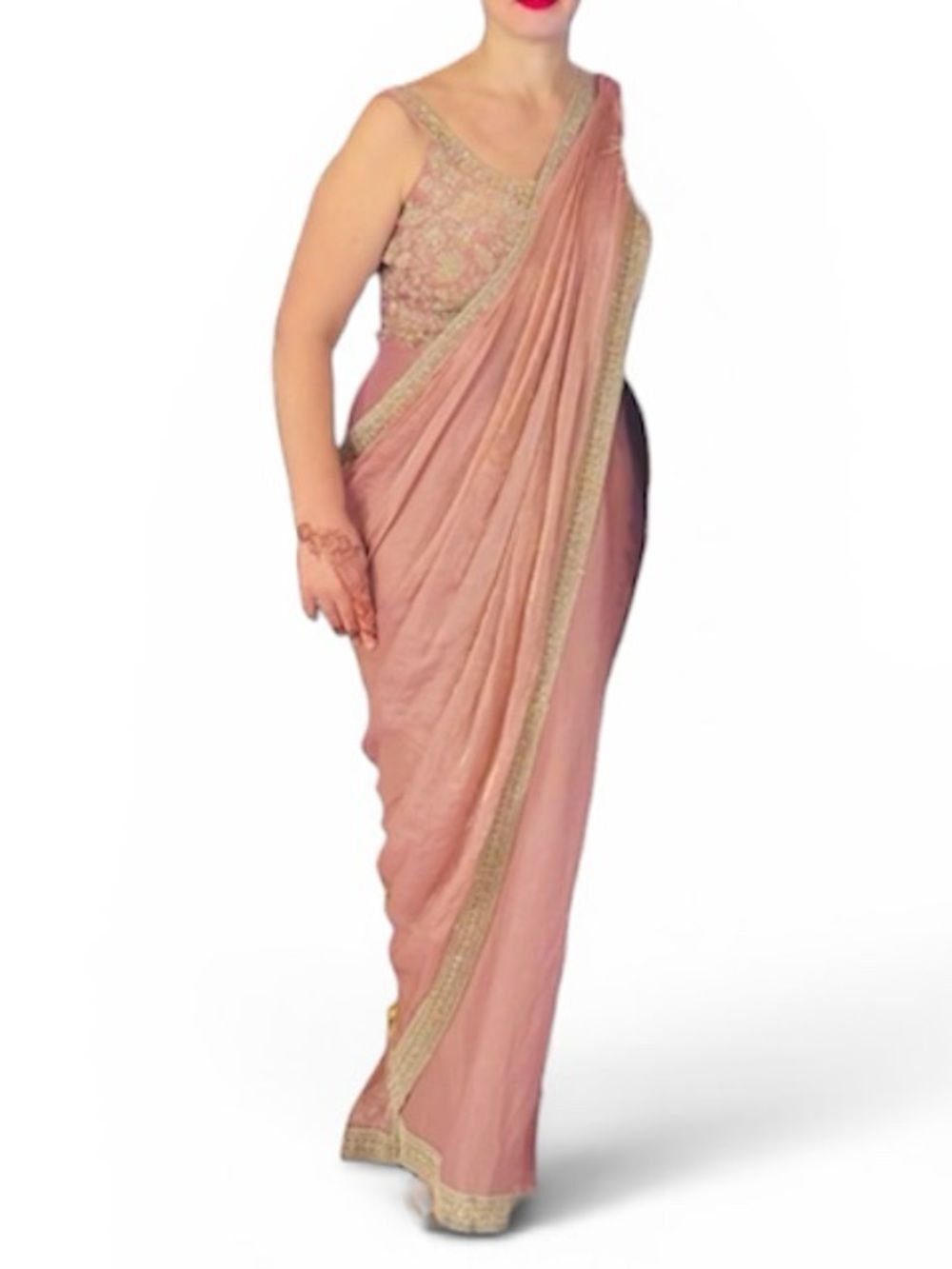 Pink Embroidered Backless Maxi Dress with Draped Sari Detail